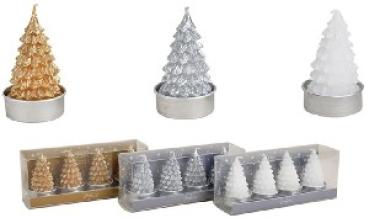 Teelichter Tannenbaum 4er weiss gold silber 4x6x4 cm