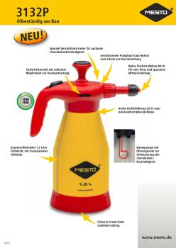 MESTO PROFI PLUS 1.5 Drucksprüher mit technischen Details zu Düse, Pumpe, Sicherheitsventil und Chemikalienbeständigkeit