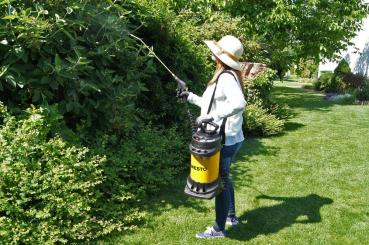 Anwendung des MESTO FERROX 5 Hochdrucksprühgeräts 3565 im Garten zur gezielten Pflanzenbehandlung.