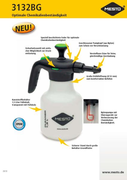 Produktübersicht MESTO CLEANER E1.5 – 1,5 L Drucksprüher mit EPDM-Dichtungen, Überzugsrohr, Füllskala & verstellbarer Düse