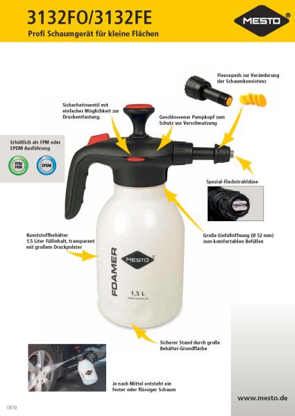 MESTO FOAMER E1.5 Schaumsprüher mit erklärter Ausstattung: Flachstrahldüse, Sicherheitsventil, Pumpkopf, Füllöffnung, Fleecepads, Behälter mit 1,5 l Volumen