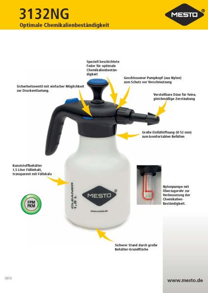 Produktinfoblatt MESTO CLEANER F1.5 Drucksprüher – chemikalienbeständig mit FPM-Dichtung, Sicherheitsventil, verstellbarer Düse und Überzugsrohr