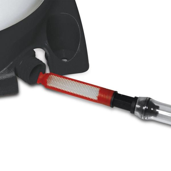 Detailansicht des Wasserfilters am MESTO PRIMER H2O 5 Wasserbehälter 3237W mit rotem Schutzsieb und Anschluss.