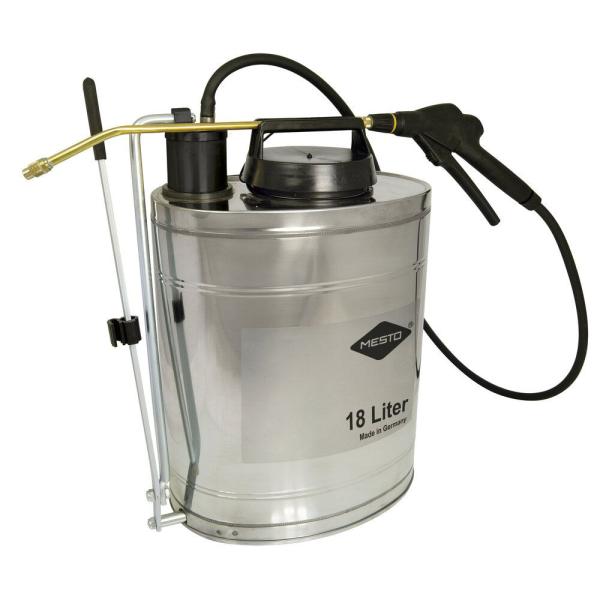 Komplettansicht der MESTO STABILUS Rückenspritze 3541G mit 18-Liter-Edelstahlbehälter, Handpumpe, Messing-Spritzrohr und ergonomischer Pistole.